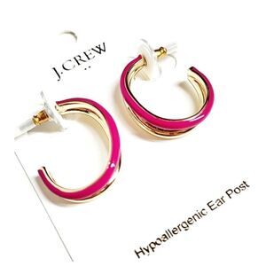 J Crew Double Hoop Enamel Earrings Radiant Fuchsia Gold Tone NEW